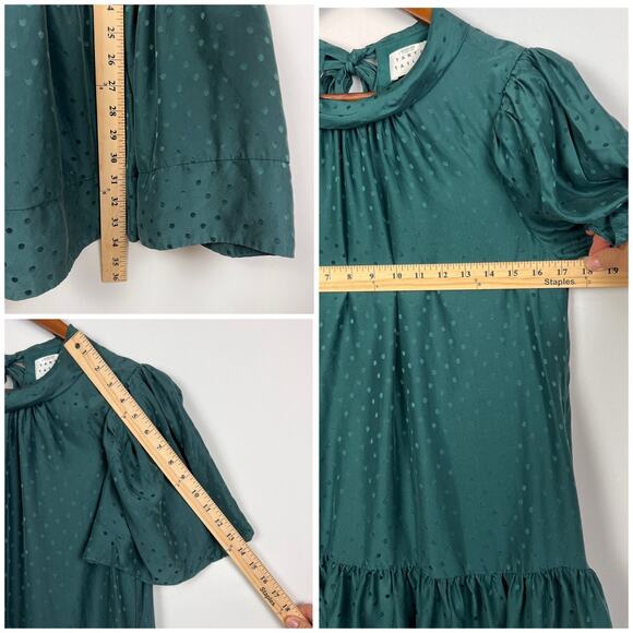 Tanya Taylor Green Swiss Dot Tiered Mini Dress Flutter Sleeves Pockets Size M - Picture 8 of 10